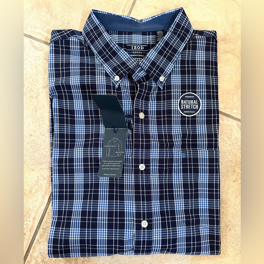 Izod Men's Navy and Light Blue Checkered Shirt